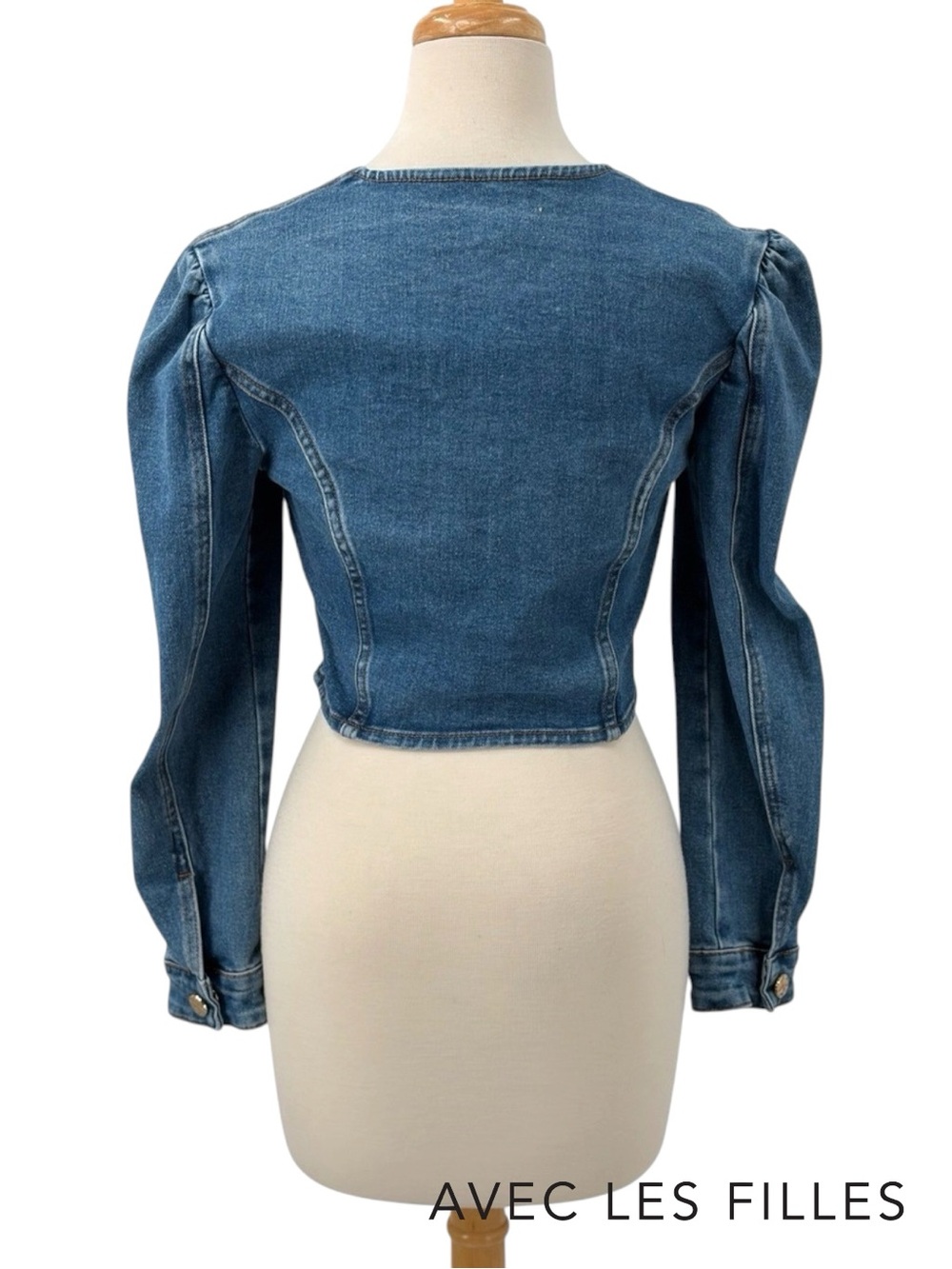 Avec Les Filles **NWT** Denim Puff Sleeve Square Neck Cropped Blue Jean Jacket - Picture 6 of 11